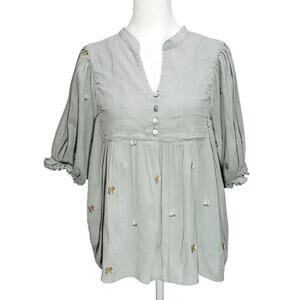 In Loom Dusty Aqua Embroidered Blouse M • Balloon Sleeve Boho Peasant Top
